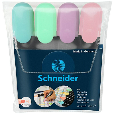 Набор текстовыделителей "Schneider Job", 1-5мм, скошенный наконечник, водная основа, 4 пастельных цвета в упаковке
