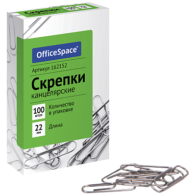 Скрепки канцелярские "OfficeSpace", 22мм, металлические, овальные, 100шт в картонной упаковке