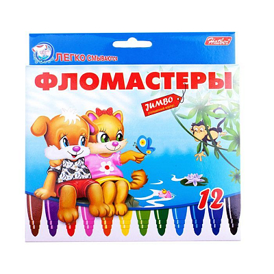 Фломастеры "Hatber", 12 цветов, серия "Jumbo - Пушистики", утолщённый корпус, в картонной упаковке
