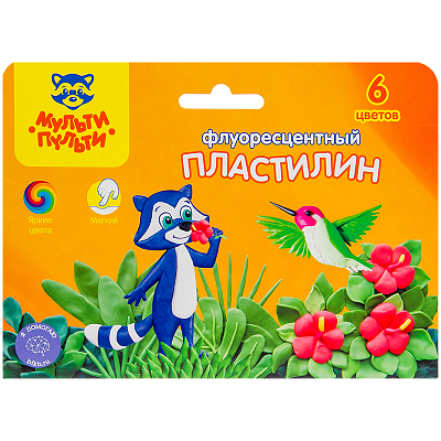 Пластилин восковой флуоресцентный "Мульти-Пульти", 6 цветов, 90гр, со стеком, серия "Енот на острове Куба"