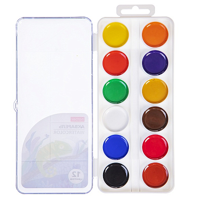 Акварель медовая полусухая "Hatber", 12 цветов, без кисти, серия "Colora", пластиковый пенал