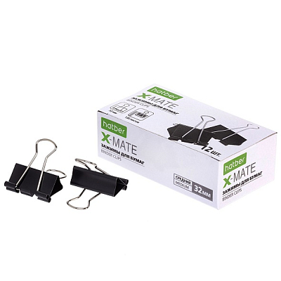 Зажимы для бумаг "Hatber X-Mate", 32мм, чёрные, 12шт в картонной упаковке