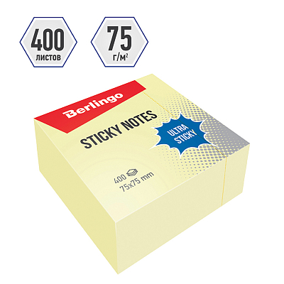 Бумага для заметок "Berlingo Ultra Sticky", 75x75мм, 400л, жёлтая, клеевой край, в плёнке