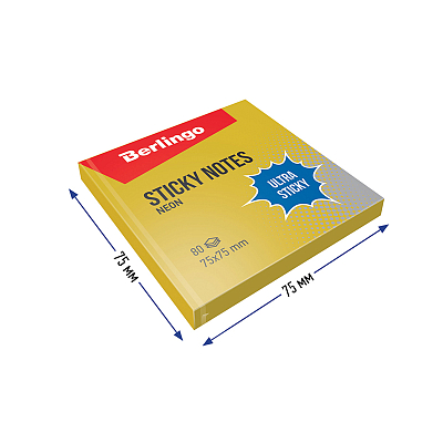 Бумага для заметок "Berlingo Ultra Sticky", 75x75мм, 80л, золотая, неоновая, клеевой край, в плёнке