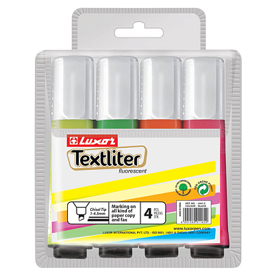 Набор текстовыделителей "Luxor Textliter", 1-4,5мм, скошенный наконечник, водная основа, 4 цвета в упаковке