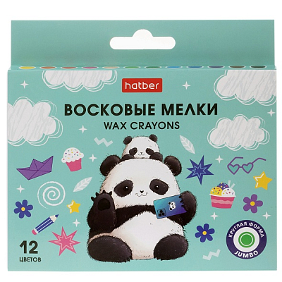 Мелки восковые "Hatber", 12 цветов, 11мм, круглый корпус, серия "Jumbo - Плюшевые панды", 12шт в картонной упаковке