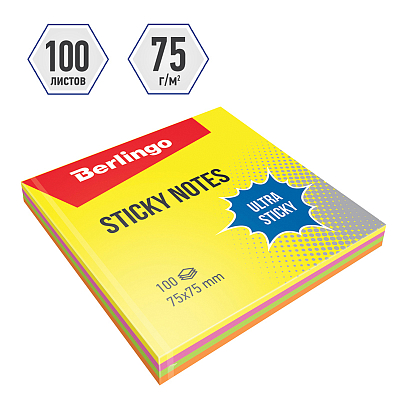 Бумага для заметок "Berlingo Ultra Sticky", 75x75мм, 100л, 4 неоновых цвета, клеевой край, в плёнке