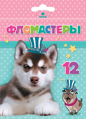 Фломастеры "Hatber VK", 12 цветов, серия "Милые собачки", в картонной упаковке