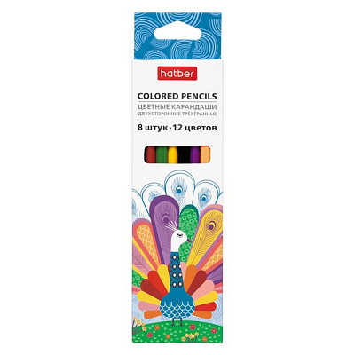 Карандаши двухсторонние "Hatber", 12 цветов, 8шт в картонной упаковке