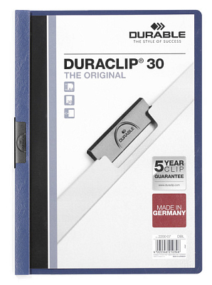 Папка пластиковая "Durable", 30л, А4, стальной клип, серия "Duraclip", голубая