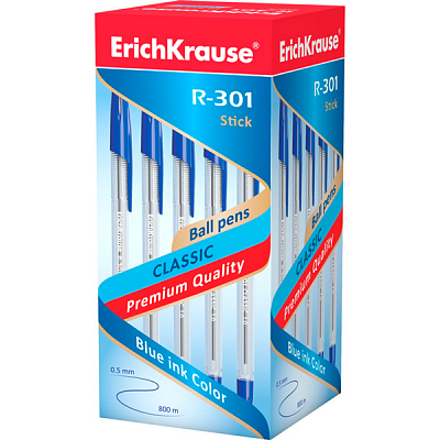 Ручка шариковая "Erich Krause R-301 Classic Stick", 1мм, синяя, прозрачный корпус