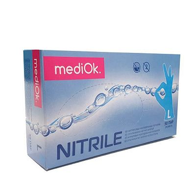 Перчатки нитриловые "MediOk", без пудры,100шт/упак ( 50пар), голубые, размер L