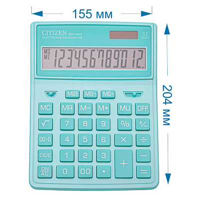 Калькулятор настольный "Citizen", SDC-444XRGNE, 12-разрядный, 155x204x33мм, бирюзовый