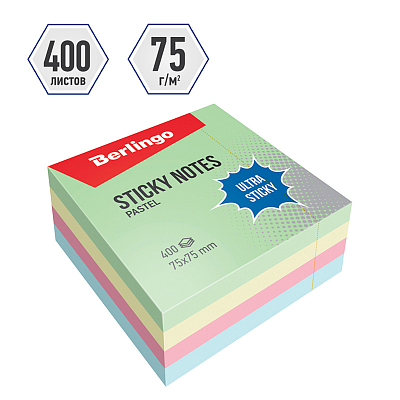 Бумага для заметок "Berlingo Ultra Sticky", 75x75мм, 400л, 4 цвета, клеевой край, в пакете