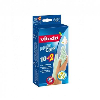 Перчатки латексные "Vileda Multi Care", S/M - размер, с лосьоном из ромашки, 12 штук в упаковке