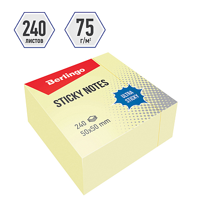 Бумага для заметок "Berlingo Ultra Sticky", 50x50мм, 240л, жёлтая, клеевой край, в плёнке