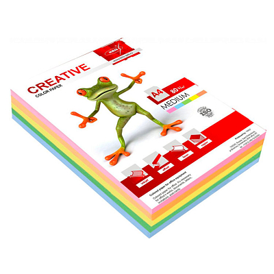 Бумага цветная для печати "Kris Creative" А4, 80г/м2, 250л, тон медиум, ассорти 5 цветов