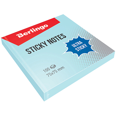 Бумага для заметок "Berlingo Ultra Sticky", 75x75мм, 100л, голубая, клеевой край, в пакете