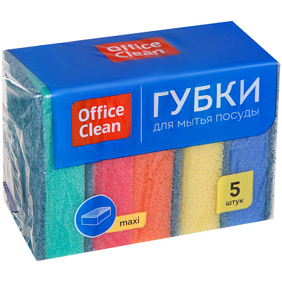 Губка для мытья посуды "OfficeClean Maxi", 90x65x27мм, абразивный слой, ассорти, 5шт в пакете