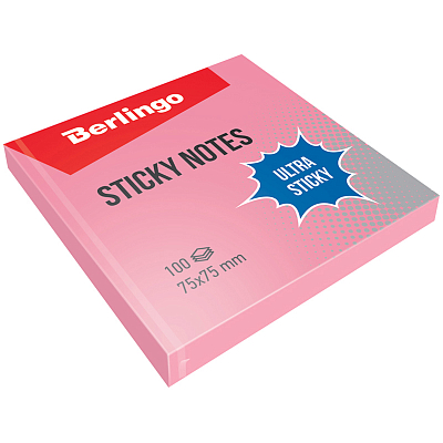 Бумага для заметок "Berlingo Ultra Sticky", 75x75мм, 100л, розовая, клеевой край, в пакете