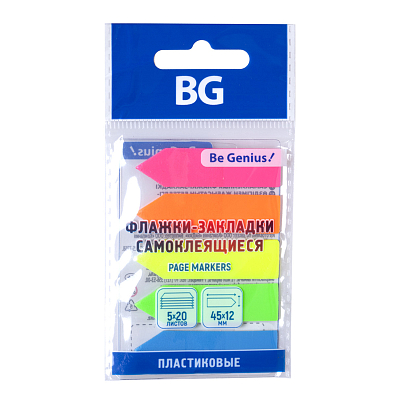 Набор закладок пластиковых "BG", 44x12мм, 20л, 5 цветов неон, клеевой край, в пакете