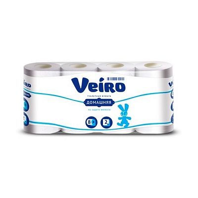 Туалетная бумага "Veiro", Домашняя,  2 слоя, белая, упакованы по 8 рулонов