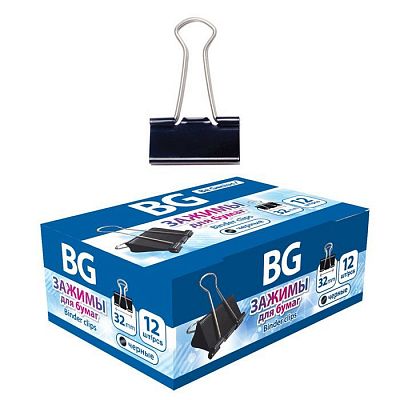 Зажимы для бумаг "BG", 32мм, 150л, чёрные, 12шт в картонной упаковке
