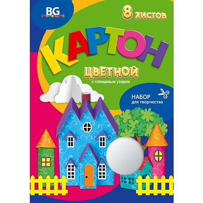 Набор цветного картона "BG", 8л, А4, глянцевый узор, лак, в папке, серия "Волшебный город"