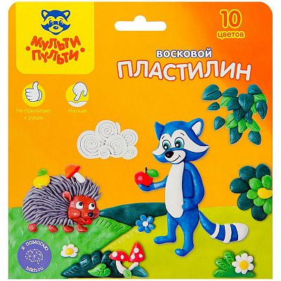Пластилин восковой "Мульти-Пульти", 10 цветов, 150гр, со стеком, серия "Енот в лесу", в картонной уп