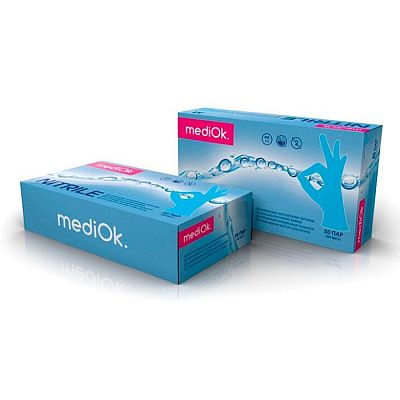 Перчатки нитриловые "MediOk", без пудры,100шт/упак ( 50пар), голубые, размер S