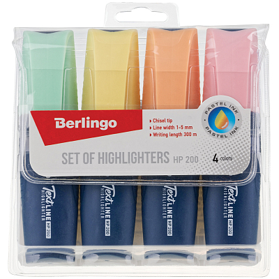 Набор текстовыделителей "Berlingo Textline HP200", 1-5мм, скошенный наконечник, водная основа, 4 пастельных цвета, 4шт в ПВХ-упаковке