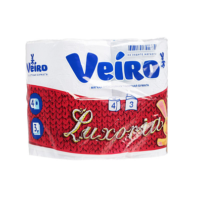 Туалетная бумага "Veiro Luxsoria", 3 слоя, белая, упакованы по 4 рулона
