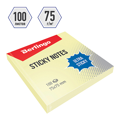 Бумага для заметок "Berlingo Ultra Sticky", 75x75мм, 100л, жёлтая, клеевой край, в пакете
