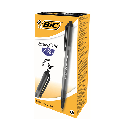 Ручка шариковая автоматическая "Bic Round Stic Clic", 1мм, чёрная, чернила на масляной основе, прозрачный корпус