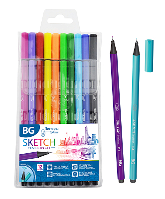 Набор линеров "BG Sketch", 0,4мм, 12 цветов, шестригранный цветной корпус, 12шт в упаковке