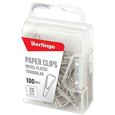 Скрепки канцелярские "Berlingo", 25мм, никелерованные, треугольные, отогнутый носик, 100шт в пластиковой упаковке