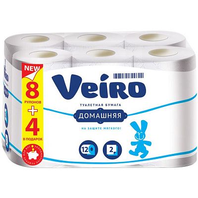 Туалетная бумага "Veiro Floria", 2 слоя, белая, упакованы по 12 рулонов