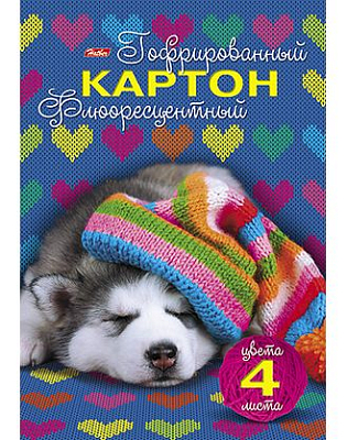 Набор цветного картона "Hatber", 4л, 4цв, А4, 195x280мм, гофрированный, флюоресцентный, в папке, серия "Спящий щенок"
