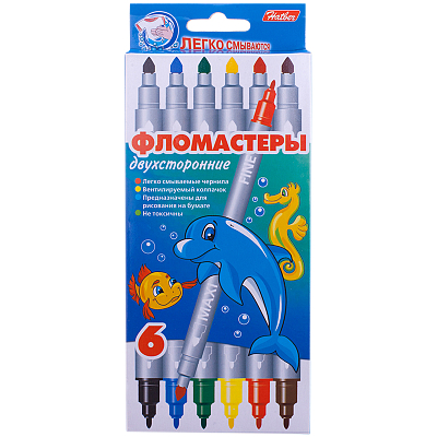 Фломастеры "Hatber", 6 цветов, серия "Морская семейка", двухсторонние, в картонной упаковке