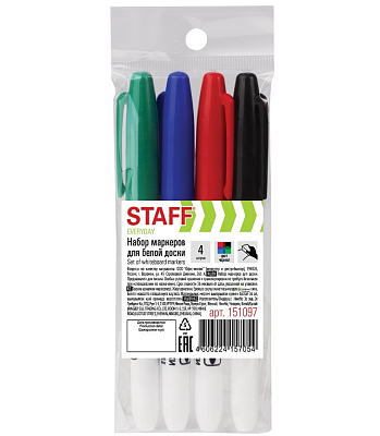 Набор маркеров для доски "Staff Everyday", 2,5мм, круглый наконечник, спиртовая основа, 4 цвета, 4шт в упаковке