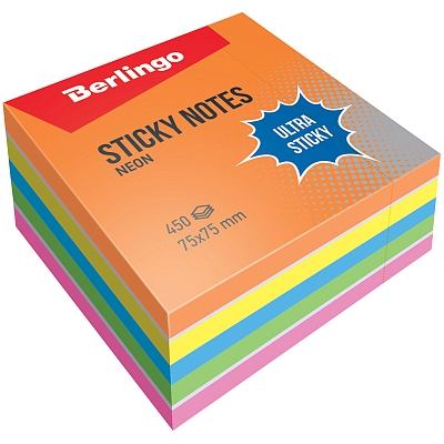 Бумага для заметок "Berlingo Ultra Sticky", 75x75мм, 450л, 5 неоновых цветов/белый, клеевой край, в плёнке