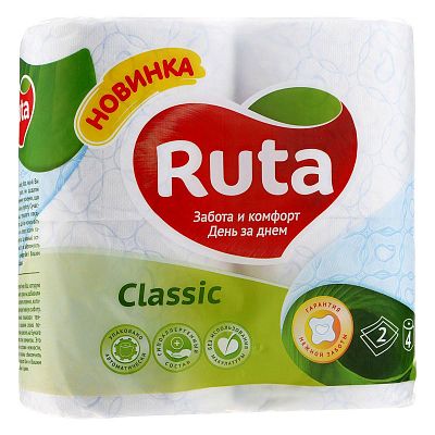 Туалетная бумага "Ruta Classic", 2 слоя, белая, упакованы по 4 рулона