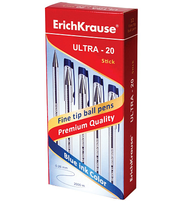 Ручка шариковая "Erich Krause Ultra-20", 0,7мм, синяя, чернила на масляной основе, прозрачный корпус