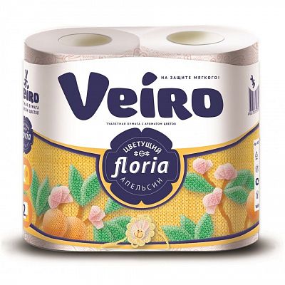 Туалетная бумага "Linia Veiro Floria", серия "Цветущий апельсин", 25м, 2 слоя, белая, упакованы по 4