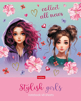 Тетрадь "Hatber", 48л, А5, клетка, металлизированный картон, на скобе, серия "Stylish Girls"