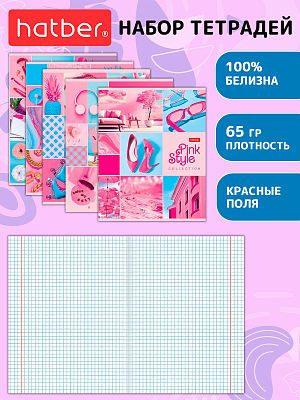 Комплект тетрадей "Hatber", 48л, А5, клетка, ламинация, на скобе, серия "Pink Style", 5шт в плёнке