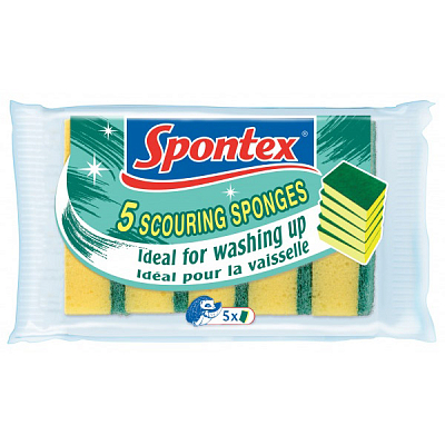 Губка для мытья посуды "Spontex", жёлто-зелёная, 5 штук в упаковке