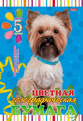 Набор цветной бумаги "Hatber", 5л, 5цв, А4, голографическая, серия "Йоркширский терьер", в папке
