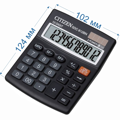 Калькулятор настольный "Citizen", SDC-812BN, 12-разрядный, 124x102x25мм, чёрный