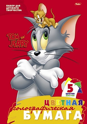 Набор цветной бумаги "Hatber", 5л, 5цв, А4, голографическая, в папке, серия "Том и Джерри"
